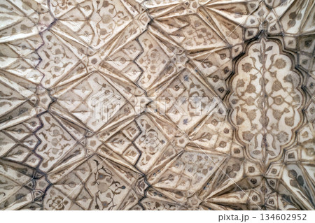 Red Fort stone carving pattern detail in Agra, Uttar Pradesh, India Red Fort stone carving pattern detail in Agra, Uttar Pradesh, India 134602952