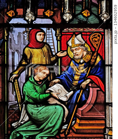 Scenes from the life of Saint Eugene, stained glass windows in the Saint Eugene - Saint Cecilia Church, Paris, France Scenes from the life of Saint Eugene, stained glass windows in the Saint Eugene - Saint Cecilia Church, Paris, France 134602959