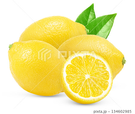 Three yellow lemon citrus fruits with half isolated with clipping path. Lemon and cut in a half with green leaf. Full depth of field. 134602985