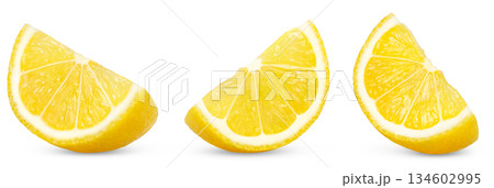 Lemon slices collection. Yellow lemon slice set. Citrus fruit isolated on white background. Full depth of field. 134602995