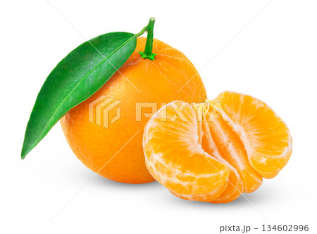 Tangerine citrus fruit with green leaf and mandarin half or slices isolated. Mandarin fruit and half, Clementine with peeled slices. 134602996
