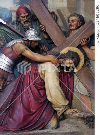 3rd Stations of the Cross, Jesus falls the first time, Basilica of the Sacred Heart of Jesus in Zagreb, Croatia 3rd Stations of the Cross, Jesus falls the first time, Basilica of the Sacred Heart of Jesus in Zagreb, Croatia 134603290