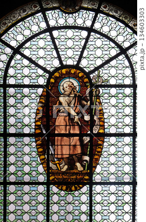 Saint John the Baptist, stained glass window in the portal of the Saint Sulpice Church, Paris, France 134603303