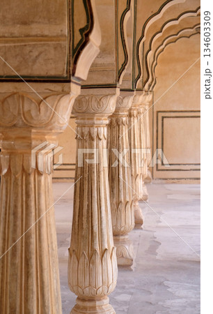 White marble hall of Sattais Katcheri at Amber Fort in Jaipur, Rajasthan, India 134603309