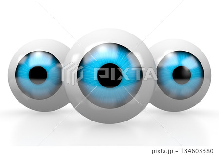Three eyeballs with blue iris isolated on white background - 3D illustration 134603380
