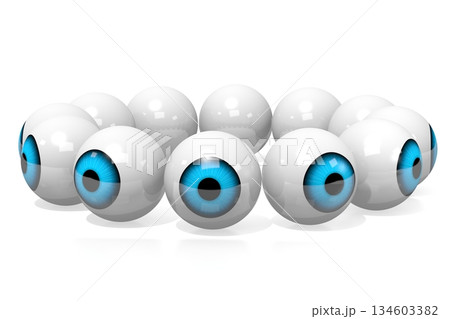 Many eyeballs with blue iris isolated on white background - 3D illustration Many eyeballs with blue iris isolated on white background - 3D illustration 134603382