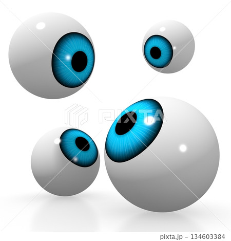 Four eyeballs with blue iris isolated on white background - 3D illustration Four eyeballs with blue iris isolated on white background - 3D illustration 134603384