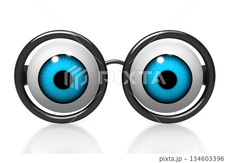 Funny cartoon glasses with eyeballs - optician concept - 3D illustration Funny cartoon glasses with eyeballs - optician concept - 3D illustration 134603396