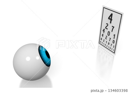 Cartoon eyeball and eye checkup chart - optometry concept - 3D illustration Cartoon eyeball and eye checkup chart - optometry concept - 3D illustration 134603398