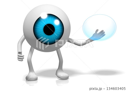 Cartoon eyeball holding contact lens - optometry concept - 3D illustration Cartoon eyeball holding contact lens - optometry concept - 3D illustration 134603405