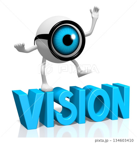 Cartoon eyeball wearing glasses and vision word - 3D illustration 134603410