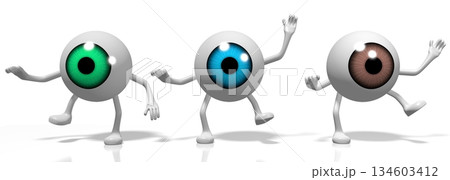 Three colorful eyeballs isolated on white background - 3D illustration 134603412