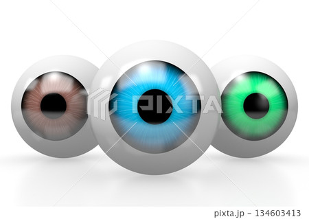 Three colorful eyeballs isolated on white background - 3D illustration Three colorful eyeballs isolated on white background - 3D illustration 134603413