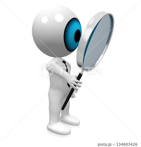 Cartoon eyeball character holding magnifying glass - research concept - 3D illustration Cartoon eyeball character holding magnifying glass - research concept - 3D illustration 134603426