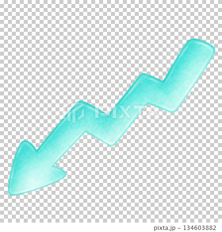 Watercolor-style zigzag downward arrow, Tiffany blue icon representing decrease or decline, transparent background 134603882