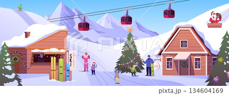 People are relaxing at winter holiday resort, snowy ski slope, lifts and cottages with Christmas decorations flat vector People are relaxing at winter holiday resort, snowy ski slope, lifts and cottages with Christmas decorations flat vector 134604169