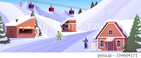 Winter resort with characters, buildings, mountain scenery, and a cable car. 134604171