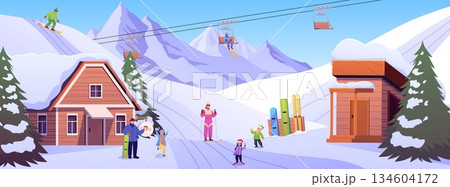 People are relaxing at the winter resort, snowy ski slope, lifts and cottages, winter sports, skiing and snowboarding People are relaxing at the winter resort, snowy ski slope, lifts and cottages, winter sports, skiing and snowboarding 134604172