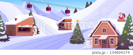 Ski slope and lifts, pine trees and cottages with Christmas decorations on mountain background, winter holiday resort 134604174