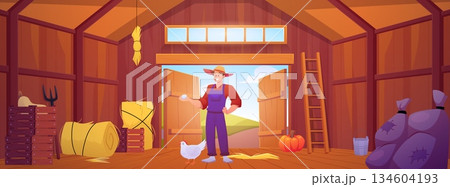Wooden barn interior, vector cartoon farmer holds a chicken egg in hand, haystack, chicken coop, crop bags, garden tools Wooden barn interior, vector cartoon farmer holds a chicken egg in hand, haystack, chicken coop, crop bags, garden tools 134604193