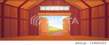 Wooden barn interior, vector cartoon shed with window and open gates, farmhouse empty rural storehouse, ranch building 134604203
