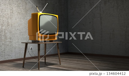 Retro television set, concrete walls - 3D illustration Retro television set, concrete walls - 3D illustration 134604412