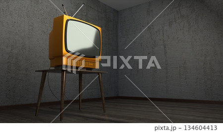 Retro television set, concrete walls - 3D illustration 134604413