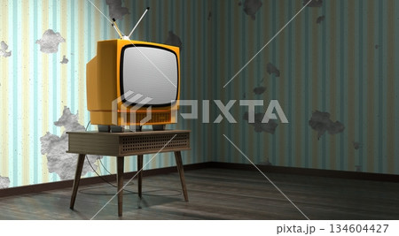 Retro television set, wallpaper on cracked wall - 3D illustration Retro television set, wallpaper on cracked wall - 3D illustration 134604427