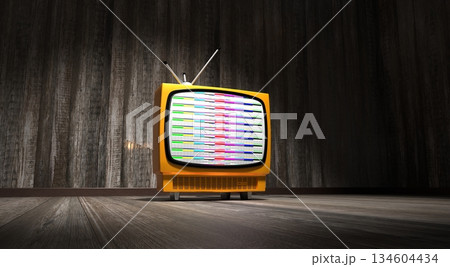 Retro television set, wooden walls and floor - 3D illustration 134604434