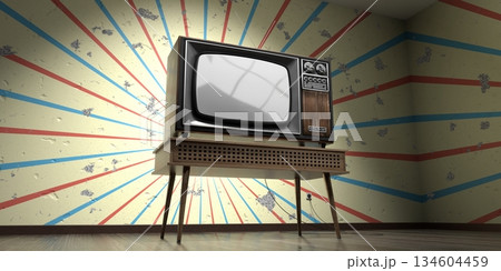 Retro television set, wallpaper on cracked wall - 3D illustration 134604459