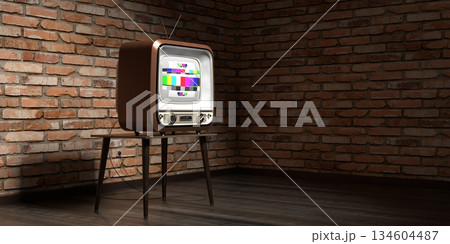 Retro television set, brick walls - 3D illustration Retro television set, brick walls - 3D illustration 134604487