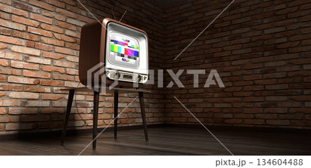 Retro television set, brick walls - 3D illustration Retro television set, brick walls - 3D illustration 134604488