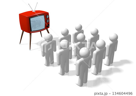 Cartoon characters and TV set isolated on white background - 3D illustration Cartoon characters and TV set isolated on white background - 3D illustration 134604496