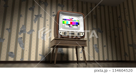 Retro television set, wallpaper on cracked wall - 3D illustration 134604520