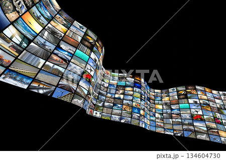 Wall of screens - streaming media, cable, Internet concept - 3D illustration Wall of screens - streaming media, cable, Internet concept - 3D illustration 134604730