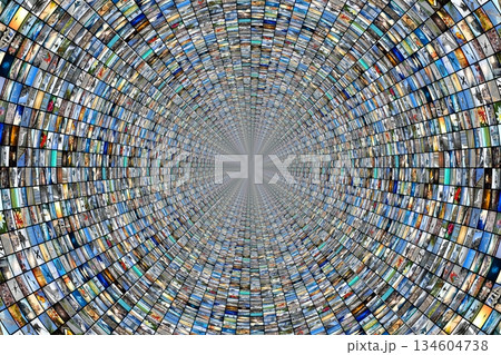 Tunnel with many screens - streaming media, internet concept - 3D illustration Tunnel with many screens - streaming media, internet concept - 3D illustration 134604738