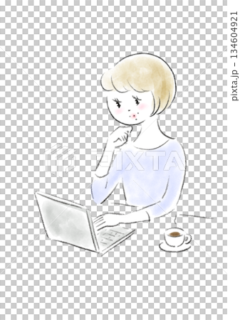 リラックスした様子でノートパソコンを見ている女性の手描きイラスト 134604921