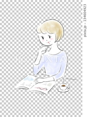 リラックスした様子で雑誌を見ている女性の手描きイラスト 134604923