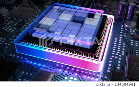 Computer processor and motherboard - 3D illustration 134604941