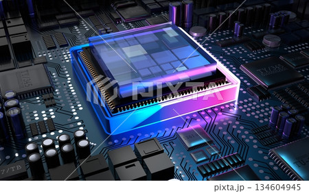 Computer processor and motherboard - 3D illustration 134604945
