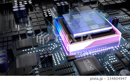 Computer processor and motherboard - 3D illustration 134604947