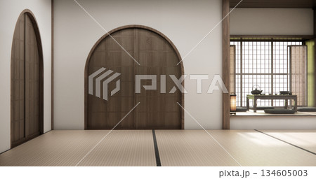 Nihon room design interior with door paper and tatami mat floor room japanese style. 3D rendering Nihon room design interior with door paper and tatami mat floor room japanese style. 3D rendering 134605003