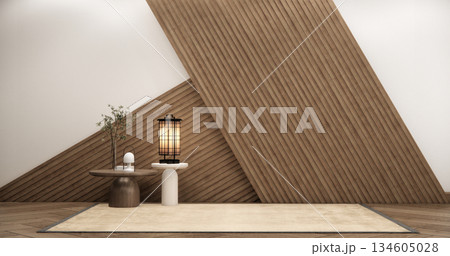 Empty Mock up living room, minimal style with wooden details background 3D illustration rendering 134605028
