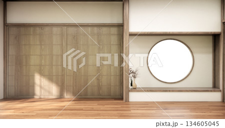Empty Mock up living room, minimal style with wooden details background 3D illustration rendering 134605045