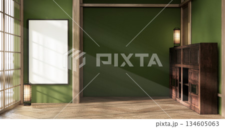 arm chair and decoration japanese on Modern Green room interior wabisabi style.3D rendering arm chair and decoration japanese on Modern Green room interior wabisabi style.3D rendering 134605063