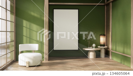 arm chair and decoration japanese on Modern Green room interior wabisabi style.3D rendering arm chair and decoration japanese on Modern Green room interior wabisabi style.3D rendering 134605064