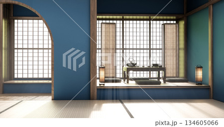 Blue Empty Mock up living room, minimal style with wooden details background 3D illustration rendering Blue Empty Mock up living room, minimal style with wooden details background 3D illustration rendering 134605066