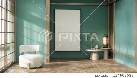 Mint Empty Mock up living room, minimal style with wooden details background 3D illustration rendering 134605083
