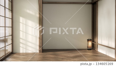 Architecture modern interior concept Empty room muji and wood panels wall design 3D illustration rendering 134605169