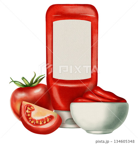 Watercolor illustration of ketchup and fresh tomatoes. Sauce. Tomato. Ketchup bottle or bowl. Perfect for packaging, kitchen textiles, cookbooks and recipes, and menus. 134605348